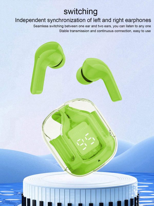 Air 31 TWS Transparent Earbuds with clear casing placed on a wooden surface.