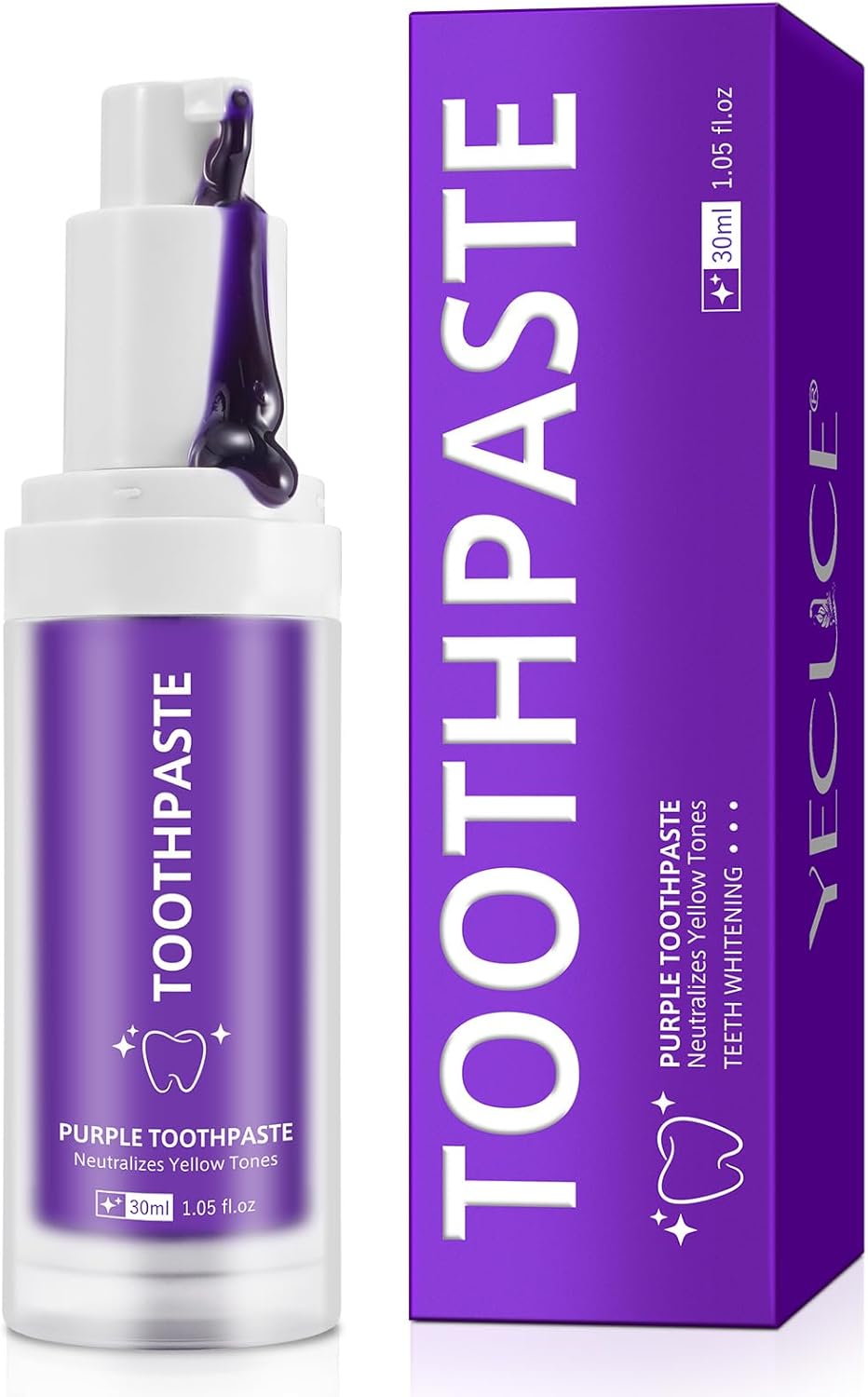 Purple Teeth Whitening Toothpaste displayed with its key ingredients for natural teeth whitening.