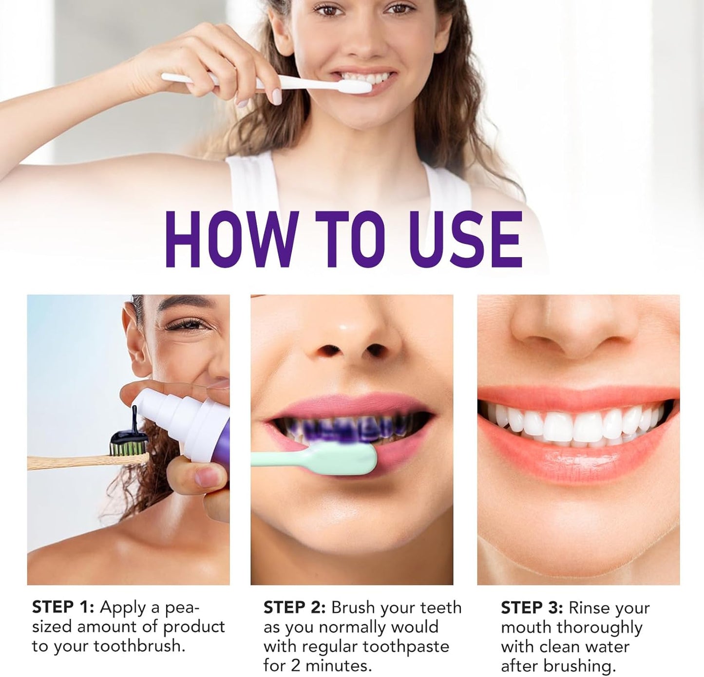 Before and after image showing the whitening effects of Purple Teeth Whitening Toothpaste.