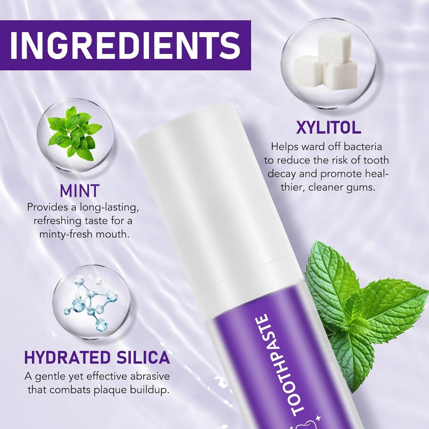 Packaging of Purple Teeth Whitening Toothpaste with a clear label highlighting its benefits.