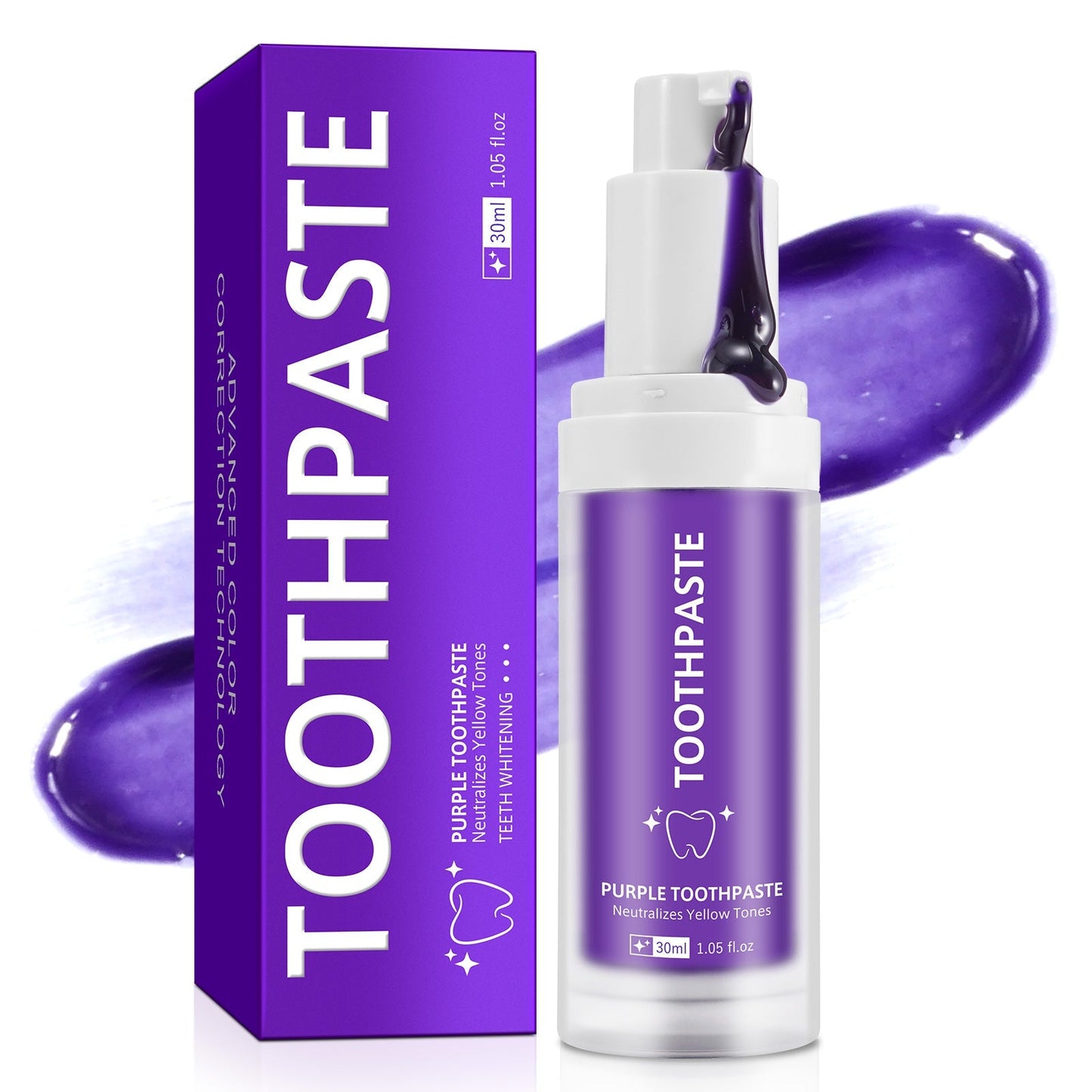Tube of Purple Teeth Whitening Toothpaste showcasing its unique colour-correcting formula.