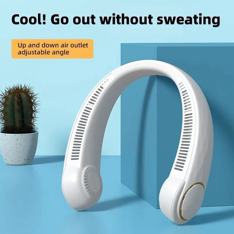User wearing the neck fan outside, showing portable cooling during outdoor activities.