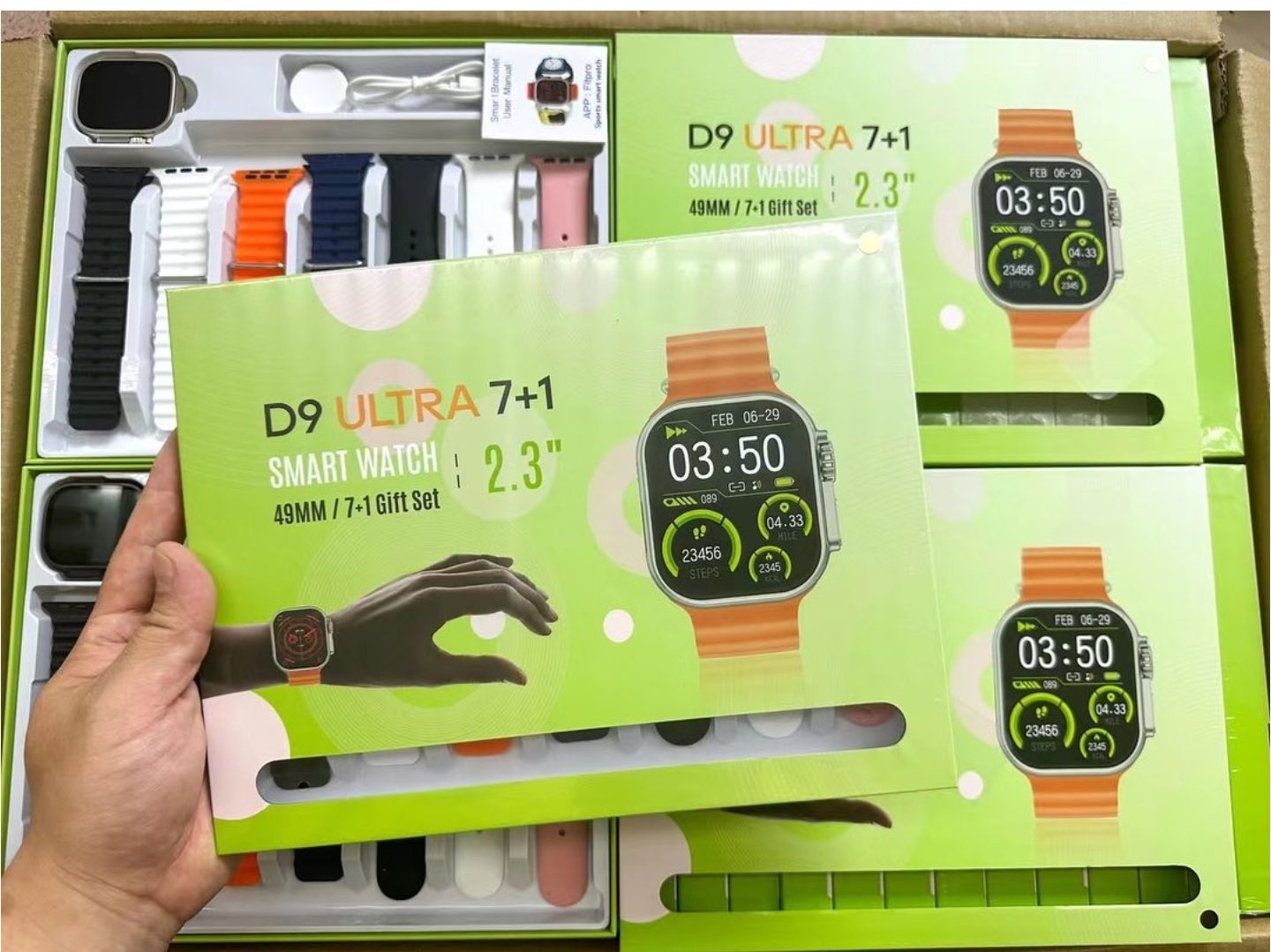 D9 Ultra Smart Watch 7+1 displaying step count and calories burned.