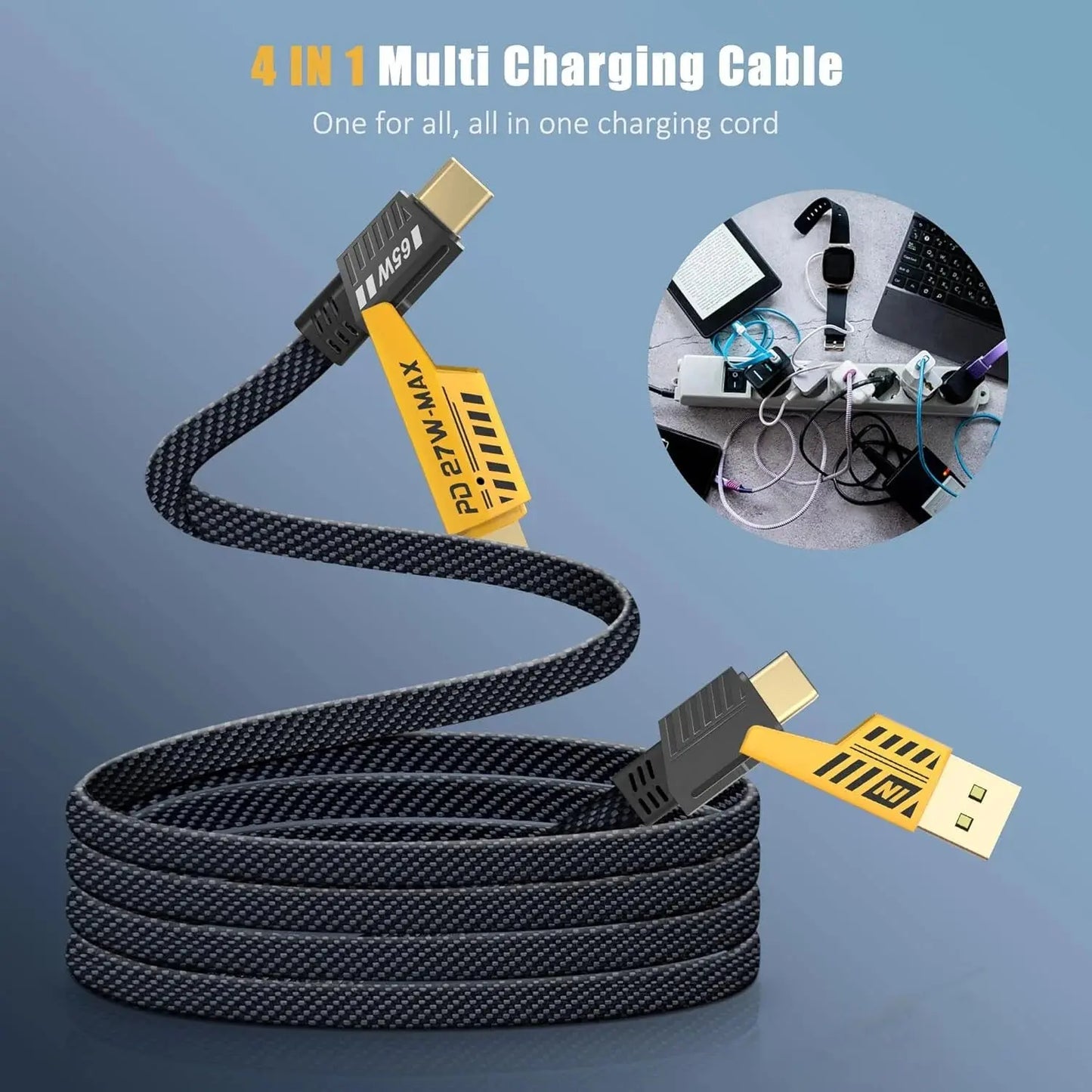 "Universal charging cable with USB-C, Lightning, Micro USB