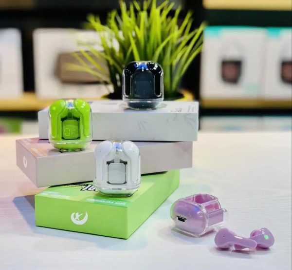 Side view of Air 31 Transparent Wireless Earbuds showing the ergonomic design.