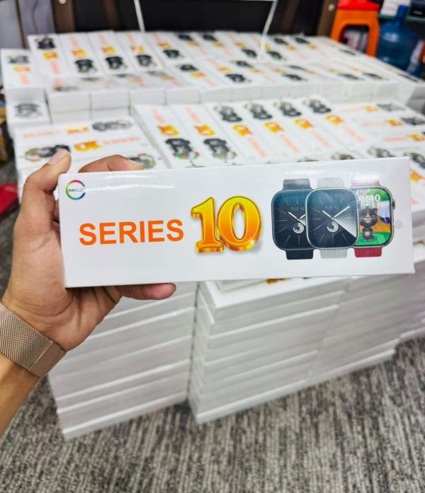 Series 10 Apple Logo Smartwatch on a wrist, displaying heart rate monitoring and fitness metrics.