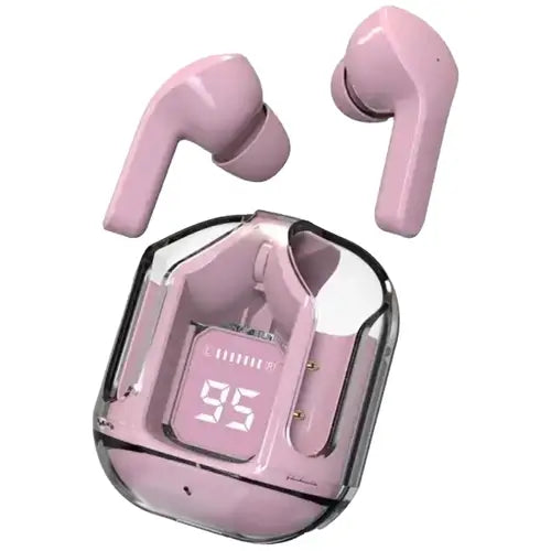 Close-up of Air 31 TWS Transparent Earbuds with their unique see-through design.