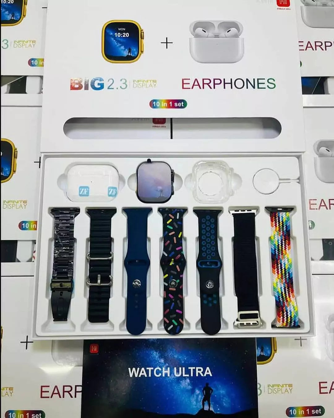 Close-up of I20 Ultra Max Smart Watch with 7 straps and AirPods 2 included in the package.