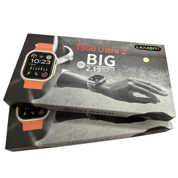 Full product packaging of T900 Ultra 2 smartwatch with accessories.
