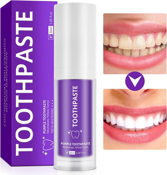 Close-up of the purple hue of the toothpaste being applied to a toothbrush.