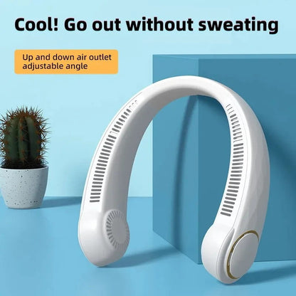 User wearing the neck fan outside, showing portable cooling during outdoor activities.